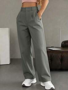 Pantalones Formales de Mujer en Verde Grisáceo Diseño Minimalista, Perfecto para Primavera y Verano - Verde - Ver 2