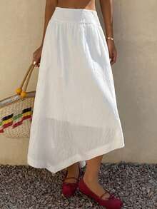 Livesso 女士白色不对称下摆收腰半身裙，夏季度假装 - 白色 - 查看 3