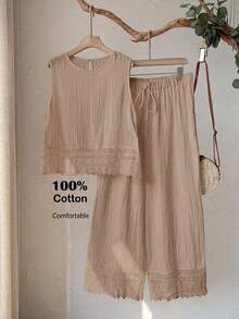 Rusticease 大码女式休闲度假白色蕾丝拼接无袖上衣和裤子两件套，春夏款 - 卡其色 - 查看 3