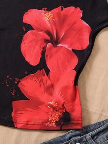 Tween Mädchen Teenager Off-Shoulder Kurzarm T-Shirt, ein hautfreundliches und bequemes Top für den Sommer. Mit einem schwarzen Blume Muster-Design, hat es einen taillenformenden Effekt, um die Figur zu verschlanken und ist ein vielseitiger Stil. Es ist ein lässiges, modisches T-Shirt für ältere und mittlere Kinder, ein stilvoller Off-Shoulder Kurzarm für Kinder, bequem für den täglichen Schulbesuch und Ausflüge. - Schwarz - Übersicht 3