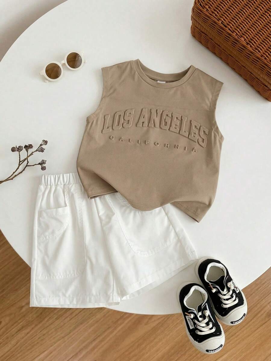 2件套男童休闲时尚背心套装/T恤套装，时尚3D压纹无袖针织上衣搭配白色工装短裤，男童套装 - 卡其色 - 查看 1