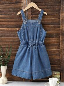少女休闲牛仔背带裤和连体裤，新款简约百搭破洞浅蓝色水洗牛仔背带短裤 - 藍色 - 查看 3