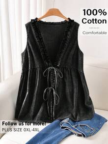 CosyJoli Áo nữ cỡ lớn, áo khoác cardigan thắt nơ, áo sơ mi denim xanh, áo kiểu dáng thường ngày đã giặt, quần áo mùa hè dễ thương cho nữ. - màu đen - Xem 3