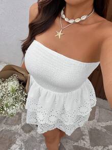 Sunnyshic Plus Size Embroidered Woven Tube Top, Spring/Summer - White - View 5