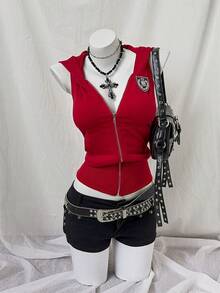 Sunspun Áo nỉ không tay ôm sát màu đen và đỏ có họa tiết sừng - Đỏ - Xem 4