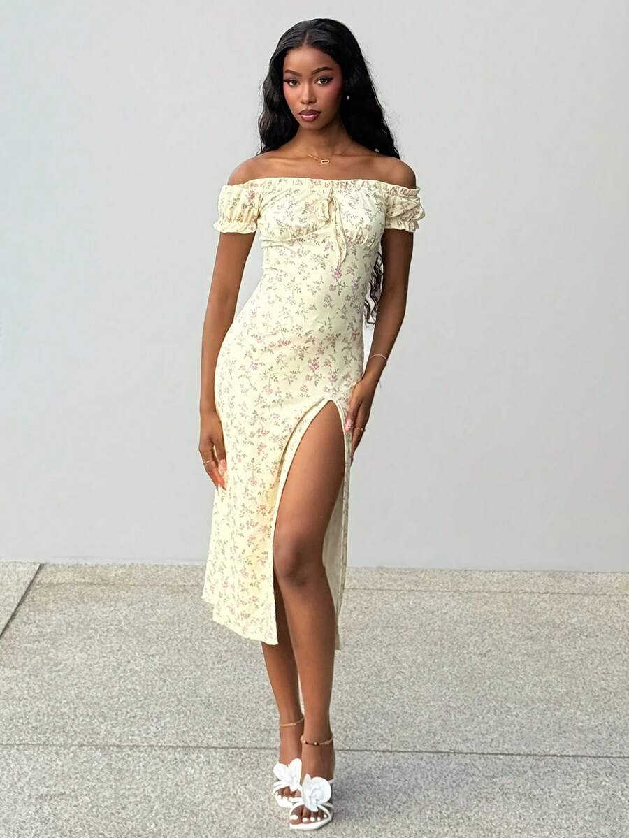 Mima John Vestido de fiesta con hombros descubiertos y abertura con estampado floral ditsy para mujer - Butter Yellow - Ver 1