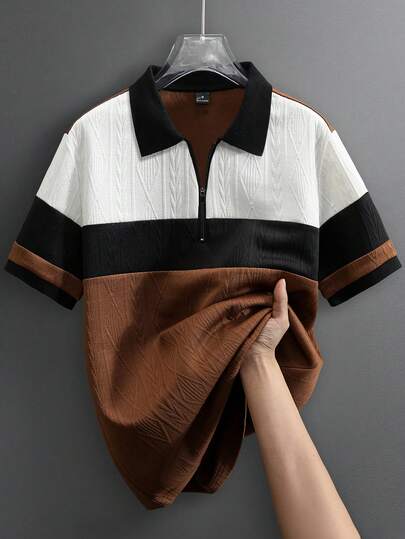 Manfinity Mode Men's Spring/Summer New Arrival Color Block Polo Shirt Short Sleeve T-Shirt, Suitable For Golf, Business Casual And Daily Wear, Soft And Comfortable Fabric, Machine Washable, Fashionable Commuter Versatile Top, Can Be Used As Men's Birthday Gift,Men Old Money,Daily Leisure, Weekend Trips, Outdoor Activities, Travel Expeditions, Relaxed Work Environments Or Semi-Formal Occasions, Boyfriend/Husband Gift, Anniversary /Birthday Gift Party Summer Vacation Holiday,Wedding,Spring To Summer,Easter,Y2k,Vintage,Pullover For Men,Pull Overs For Men,Knitted Shirts For Men,Zip Up Tops