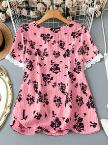 SHEIN LUNE 大码女式V领拼接花卉印花休闲优雅通勤短袖衬衫 - 粉色 - 查看 2