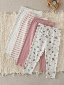 Souflis Souflis 4 Pairs Girls' Casual Floral Print & Solid Color Leggings, Suitable For All Seasons - Multicolor - View 3