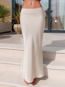 Bris Aura Women's Elegant Simple Romantic Date Commuting To Work Fashionable And Versatile Solid Color Basic Satin Satin Apricot Low-Waisted Maxi Skirt - Khaki - View 6