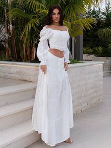 Bris Aura 心形领口喇叭袖褶皱胸前荷叶边莲花结泡泡袖白色衬衫，长袖上衣 - 白色 - 查看 5