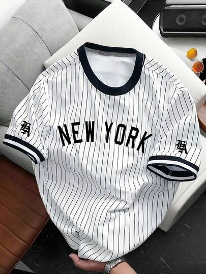 Chillumni Plus Size Men's Letter & Striped Print Round Neck Short Sleeve T-Shirt