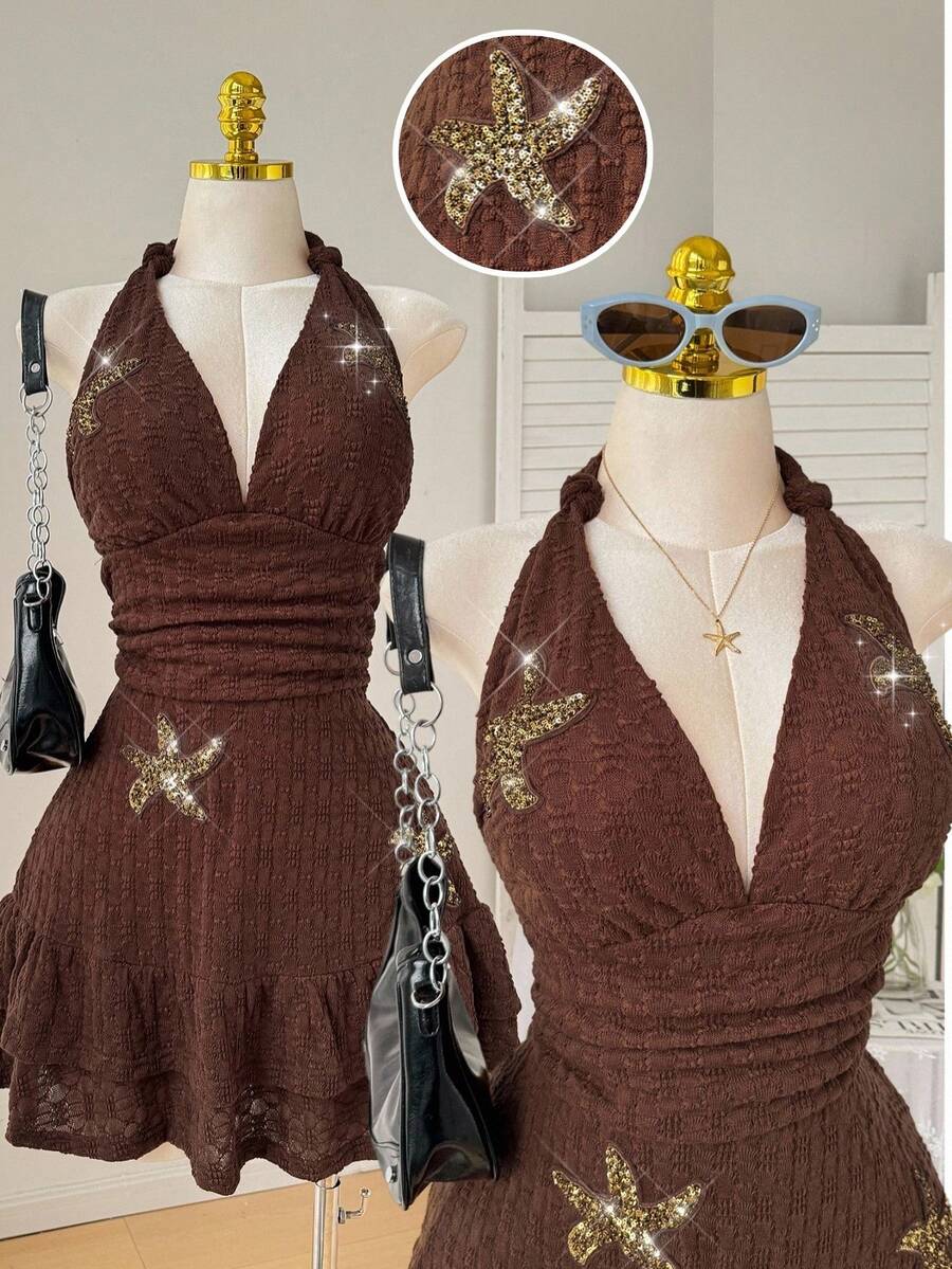 Comfortcana Spring & Summer Vacation Casual Knit Jacquard Ocean & Starfish 3D Embroidery Ruffle Neck Loose Plus Size Vacation Dress Ruffle Hem Dress Beach Dress - Brown - View 1