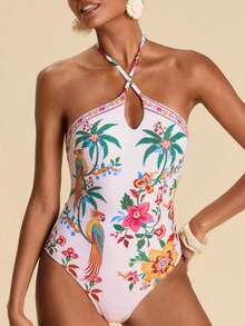 Travachic Costume da bagno intero da donna con stampa di piante, stile vacanza estiva, con scollo a canottiera - Multicolore - Visualizzare 6