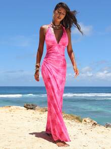 Opulessa Đầm dệt kim in họa tiết ôm dáng dành cho nữ, thích hợp cho kỳ nghỉ xuân/hè. - Hồng - Xem 4