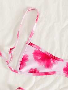 Swim Mod 2pcs/Set Summer Beach Random Print Women Spaghetti Strap Backless Crop Top And Sexy Bikini Swimwear Set, Pink Floral Print Bikini Set, 2 Piece Bathing Suit For Women,Women's Vacation Beach Swimsuit - Multicolor - View 5