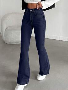 SHEIN HIGH RISE FLARE FIT LIGHT BLUE JEAN - Dark Wash - View 3
