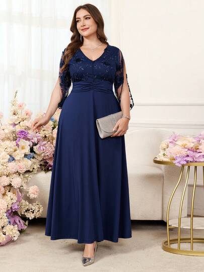 Reflora Plus Size Women Floral 3D Decor Ruched Waist Elegant Party Dress