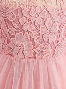 SHEIN Girls' Elegant Lace Contrast Mesh High Neck Short Sleeve Mini Dress,Summer Dusty Pink Bridesmaid Flower Girl Wedding,Parties,Birthdays,Banquets Dress - Dusty Pink - View 7