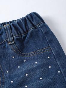 SHEIN Young Girls Shiny Rhinestone Jeans, Medium Wash Blue, Casual Street Style, Cute Minimalist Design, Irregular Elastic Waist, Basic Pockets, Straight Leg, Soft Cotton Denim, Suitable For Daily Wear, Commuting, Outing, Gathering, New Arrival Girls Jeans - Medium Wash - View 5