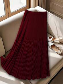 GlowEve CURVE Plus Size Women Solid Color Elastic Waist Pleated Casual Skirt - Burgundy - View 7