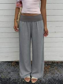 SHEIN EZwear Quần ống rộng dáng suông phối màu tương phản dành cho nữ, kiểu dáng thường ngày. - Xám - Xem 5