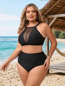 SHEIN CURVE+ 2026新款加大码夏季沙滩纯色比基尼套装，两件式比基尼套装，夏季度假沙滩装，女士沙滩装，泳装 - 黑色 - 查看 5