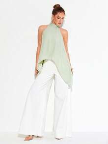 Women's Sleeveless Halter Light Green Casual Shirt For Summer - Green - View 1