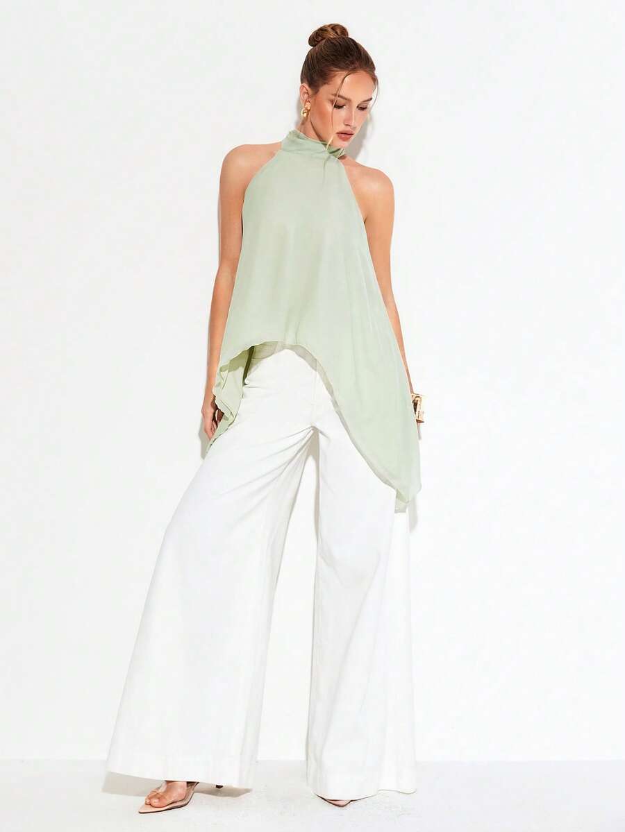 Women's Sleeveless Halter Light Green Casual Shirt For Summer - Green - View 1