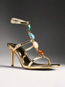 SHUZIA Women's Sexy Elegant Gemstone Decor Ankle Strap Stiletto Heel Sandals - Gold - View 1