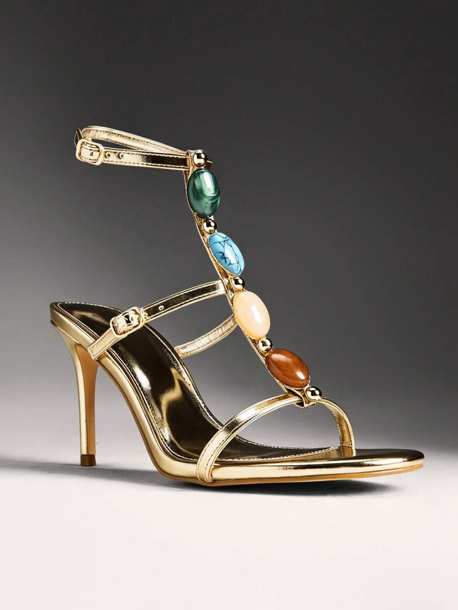 SHUZIA Women's Sexy Elegant Gemstone Decor Ankle Strap Stiletto Heel Sandals - Gold - View 1