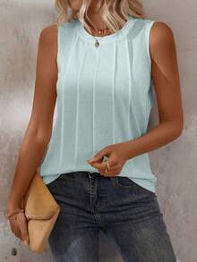 EMERY ROSE Áo tank top không tay cổ tròn màu trơn dành cho nữ, kiểu dáng thường ngày, thích hợp cho mùa hè. - Màu xanh nhạt - Xem 6