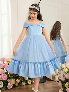 SHEIN Tween Girl Elegant Satin & Mesh Patchwork Midi Dress Princess Dresses For Girls Tulle Dress For Girls Girls Blue Dress Party Dresses For Girls Off-Shoulder Dress For Girls - Blue - View 3