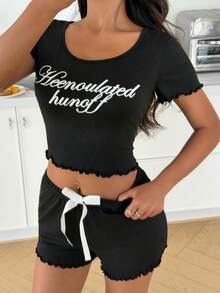 ZzzCrew Letter Print U-Neck Contrast Color Lace Backless Short Sleeve Shorts Pajama Set - Black - View 5