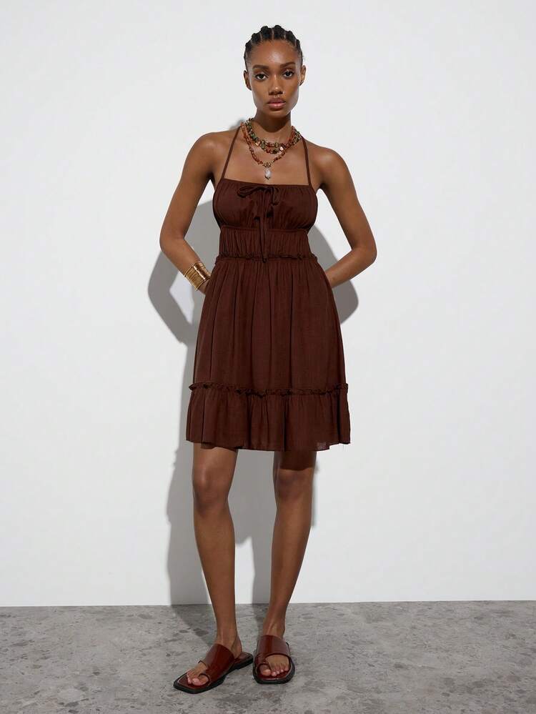 SHEIN Maija Women's Summer Solid Color Criss-Cross Backless Mini Dress,Brown Dress,Festival Outfits ,Summer Holiday Outfits,Beach Outfit For Women,Summer Dresses For Women