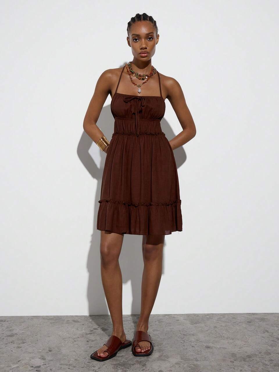 SHEIN Maija Women's Summer Solid Color Criss-Cross Backless Mini Dress Dark Brown Festival Outfits Holiday Beach Vacation Outfit For Boho