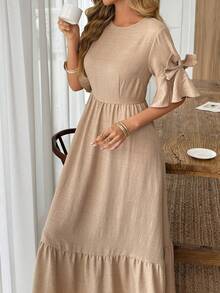 EMERY ROSE Women's Casual Vacation Outdoor & Indoor Round Neck Ruffle Bow Tie Short Sleeve High Waist A-Line Long Dress, Spring/Summer - Khaki - View 4