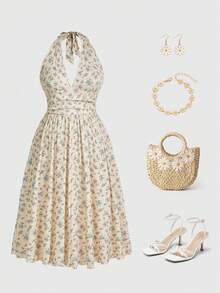 Sweetness Plus Size Ditsy Floral Knit Fabric Comfortable Waist Cinched Halter Maxi Dress, Spring/Summer Vacation - Yellow - View 2