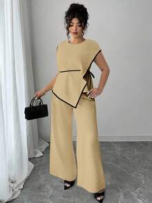 Elenzga Asymmetrical Waist Cinched Short Sleeve 2 Pieces Set, Plus Size - Apricot - View 3