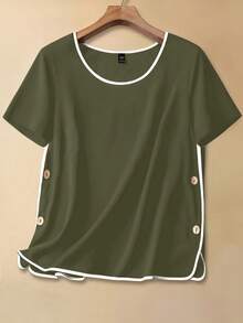 SHEIN LUNE Blouse ample à manches courtes avec passepoil contrastant, boutons sur les côtés, pour femmes grandes tailles, style décontracté, vacances et usage quotidien - Militaire verte - Voir 1