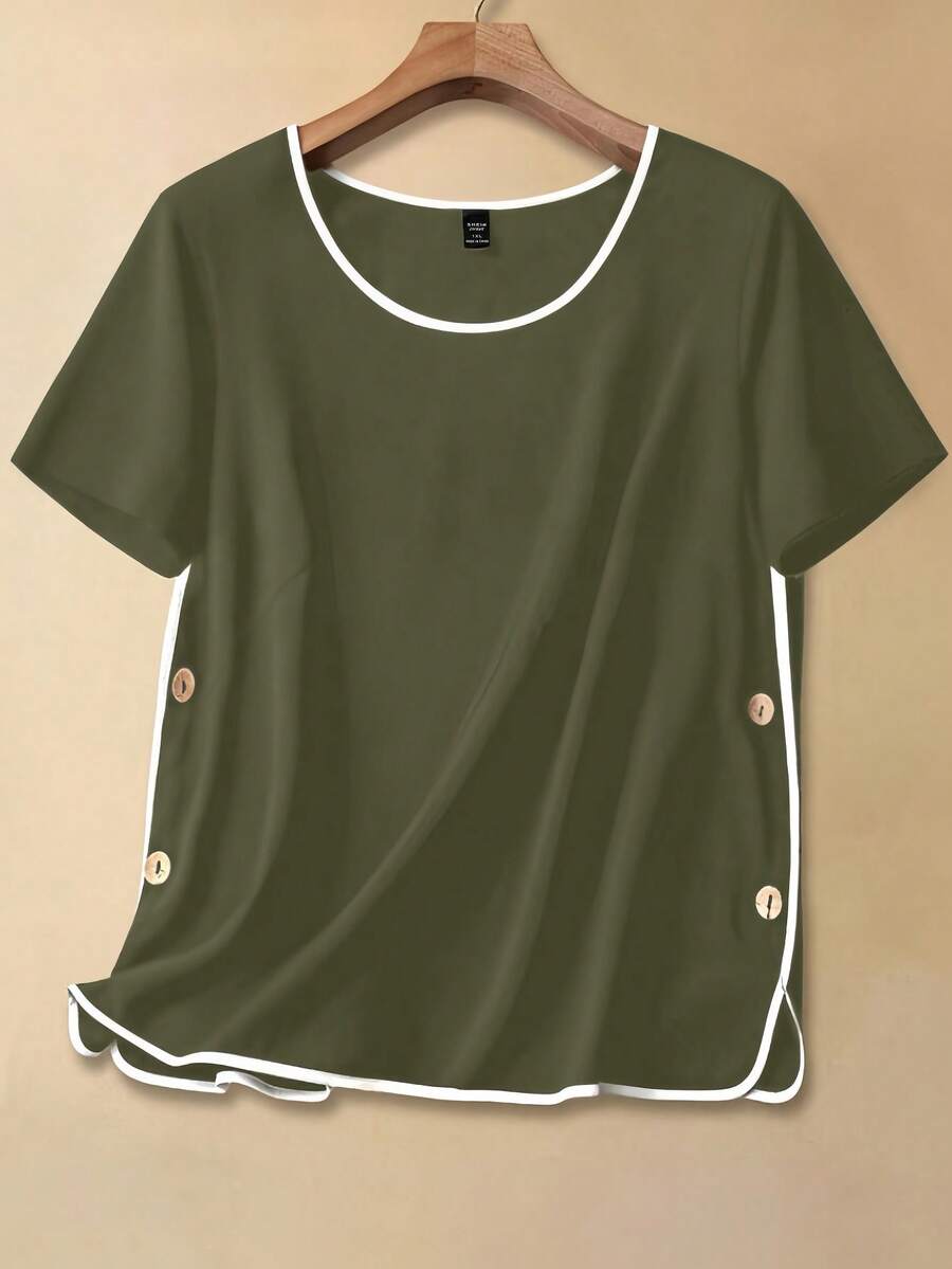SHEIN LUNE Blouse ample à manches courtes avec passepoil contrastant, boutons sur les côtés, pour femmes grandes tailles, style décontracté, vacances et usage quotidien - Militaire verte - Voir 1