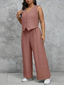 SHEIN Tall CURVE 大码女装两件套，纯色背心和裤子，休闲款 - 駝色 - 查看 3