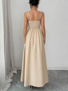 SHEIN Elenzya Vestido de lino beige elegante de verano para invitada de boda con tirantes cruzados, corte A, maxi, espalda descubierta, para mujer, vacaciones, ir al trabajo, fiesta de graduación y recepción - Albaricoque - Ver 2