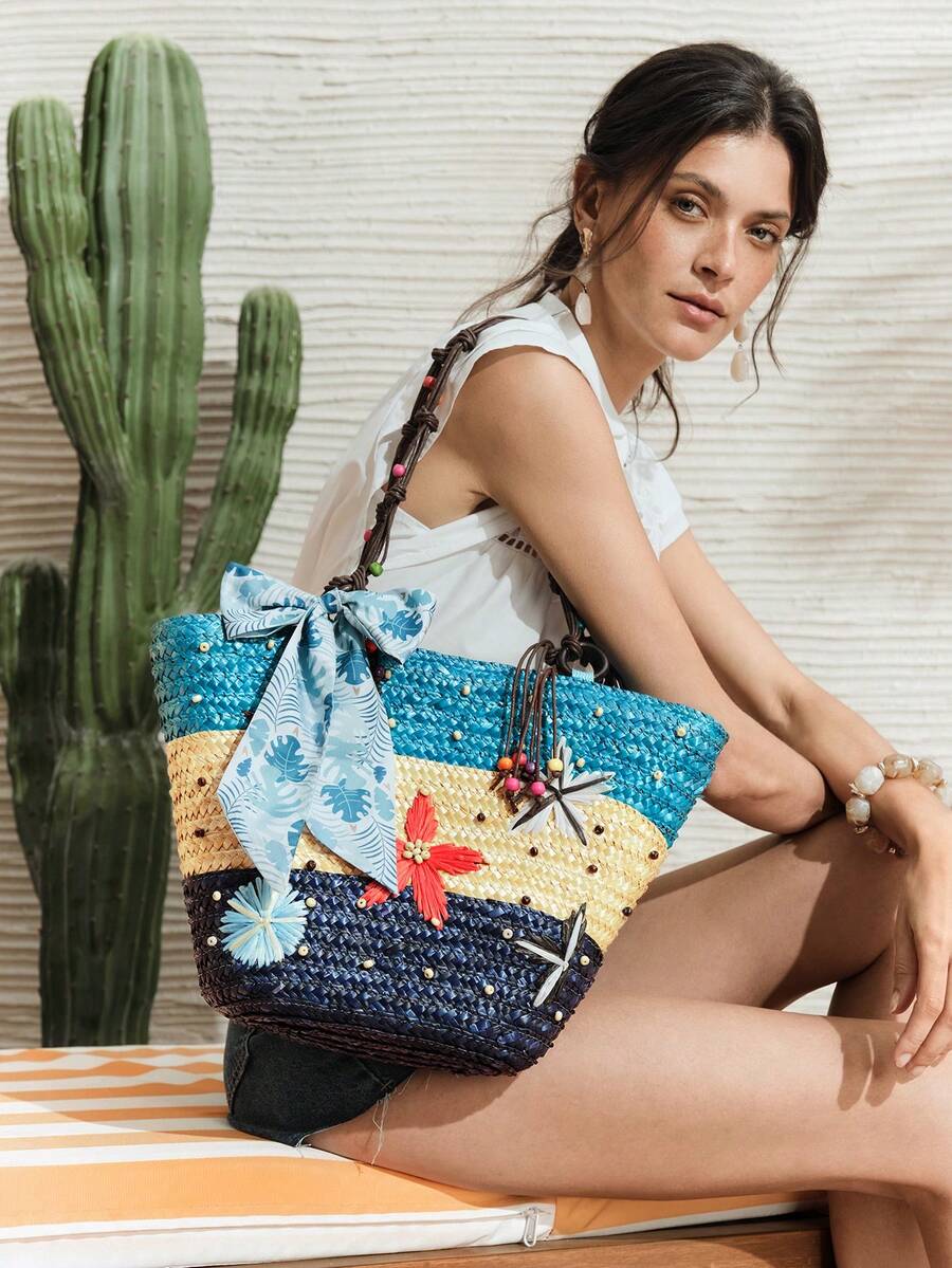SHECARRY 撞色拼接草编包，海星花朵刺绣手提包，度假丝巾装饰单肩包（配件需自行组装） - 多色K - 查看 1