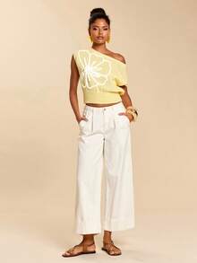 Travachic 女士不对称领休闲短袖针织上衣 - 淡黃色 - 查看 3