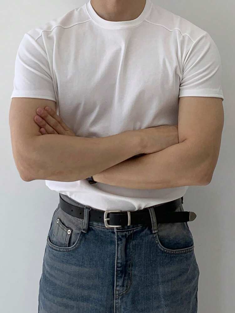 Men's Solid White Slightly Loose Short Sleeve T-Shirt, Summer