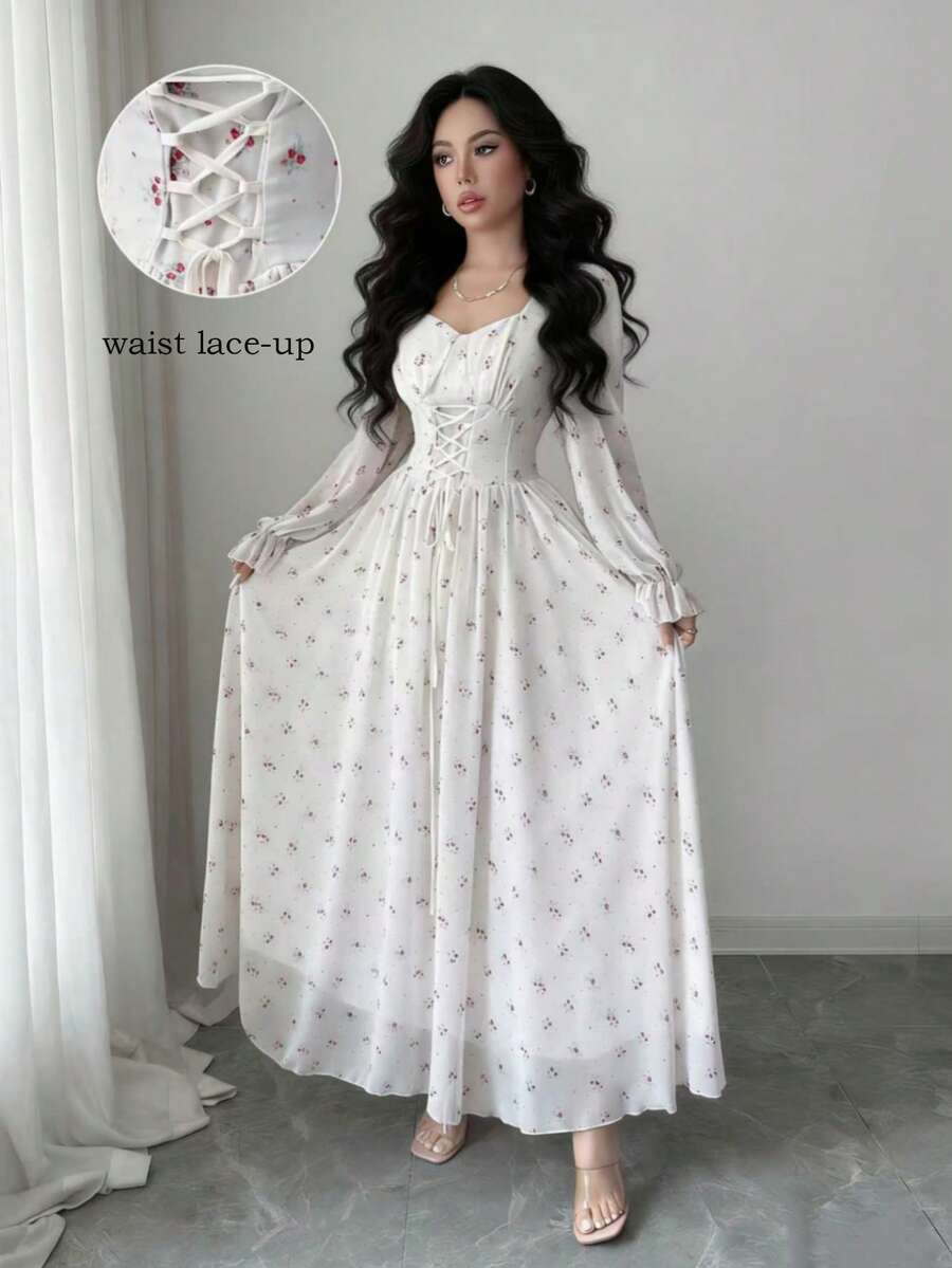Modelyn French Design Keyhole Neck Tie Waist Lantern Sleeve Mid-Length Dress For Women - Apricot - View 1