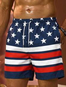 Manfinity Swimmode Men's US Flag Print Drawstring Waist Beach Shorts Holiday / Vacation / Beach / Hawaii / Tropical / Swim /  Bathing - Red - View 3