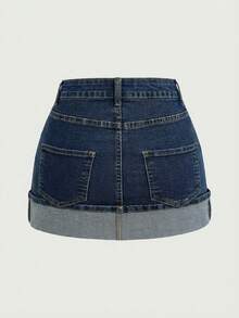 SHEIN MOD Women's Casual Versatile Denim Mini Skirt With Pockets And Rolled Hem - Blue - View 2