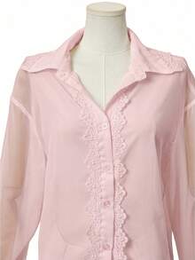 EMERY ROSE Women's Elegant Single-Breasted Lace Patchwork Long Sleeve Blouse, Suitable For Work And Business - Pink - View 3